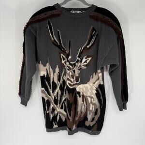 VTG Erez Deer Hunting Sweater Womens M Gray Pullover Wool Angora Leather Grommet
